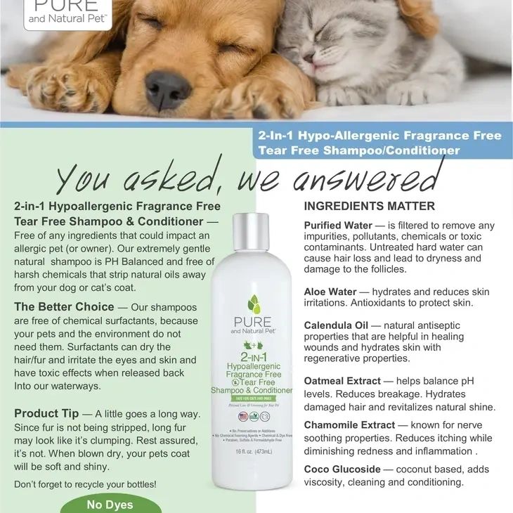 2 N 1 Hypoallergenic & Tear Free Pet Shampoo by Pure and Natural Pet